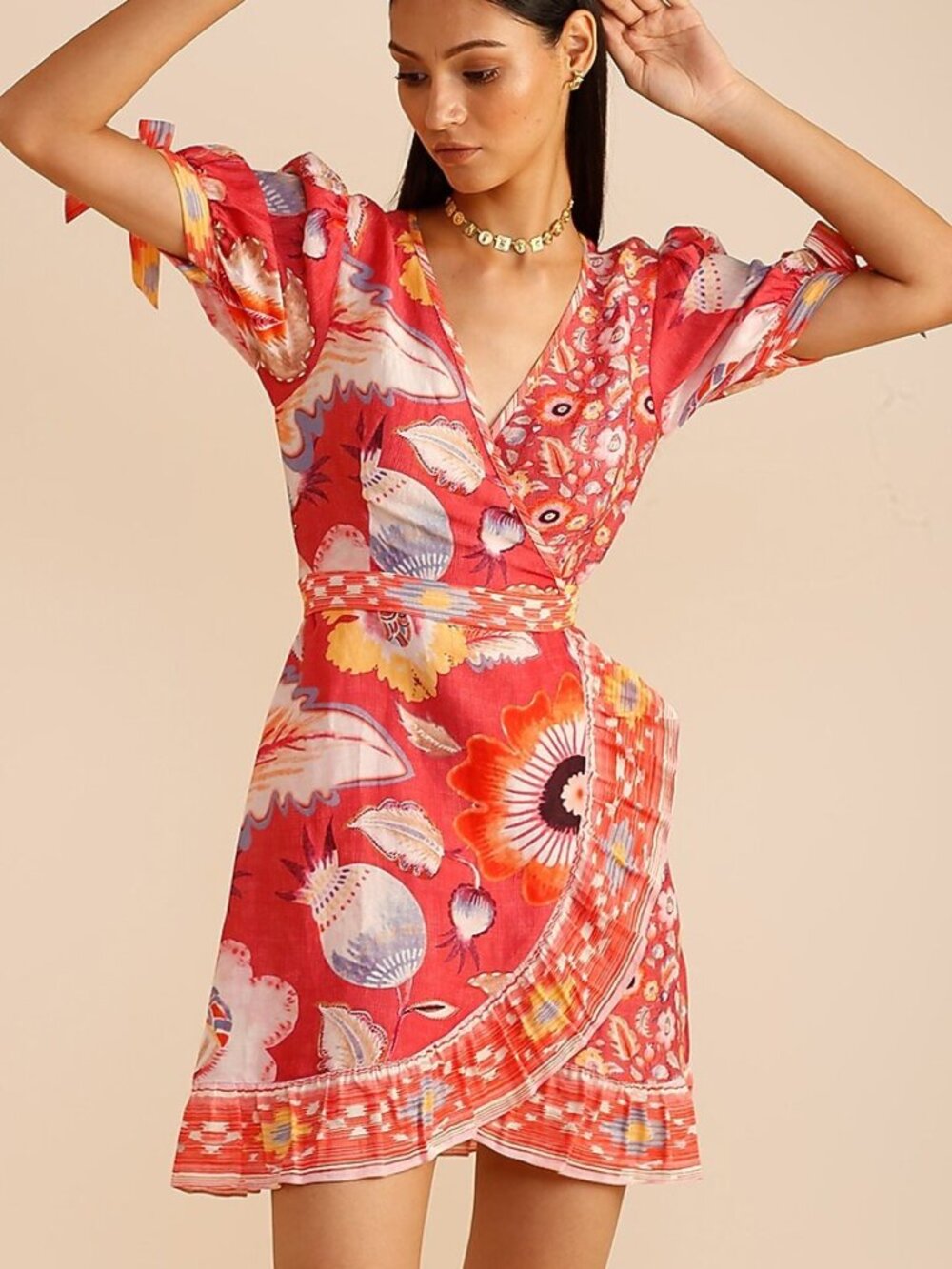Ranna Gill Printed Linen Wrap Dress Red Floral Small Womens
